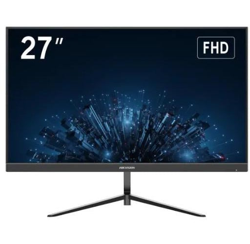 Un monitor FHD da 27 pollici con uno sfondo di città futuristica sullo schermo.