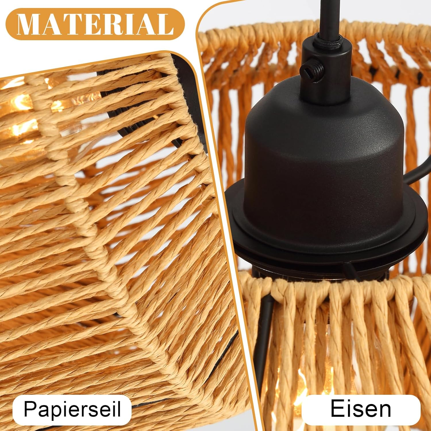 Zwei Nahaufnahmen eines Lampenschirms aus Papierseil mit einem schwarzen Eisen-Aufhänger.