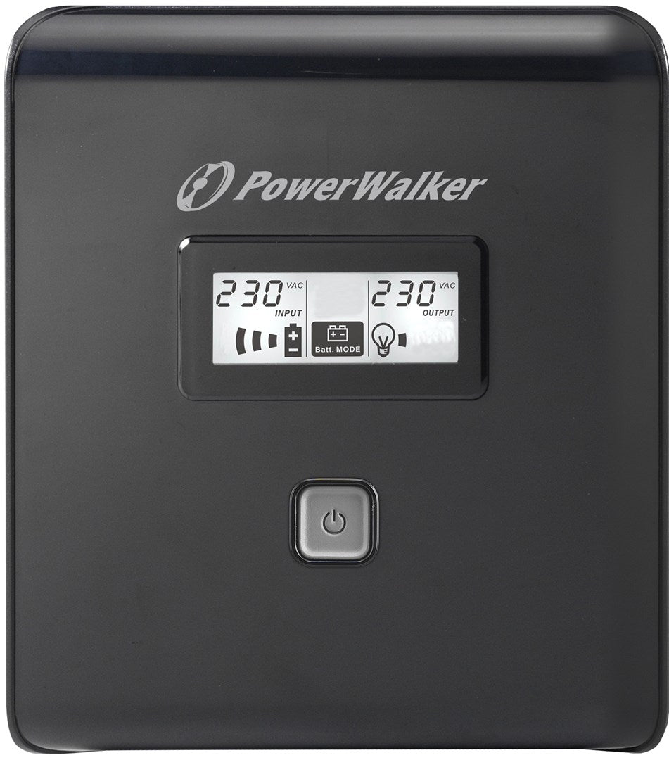Schwarzer PowerWalker USV mit LCD-Display zeigt 230V AC an. Ein Power-Button ist sichtbar.