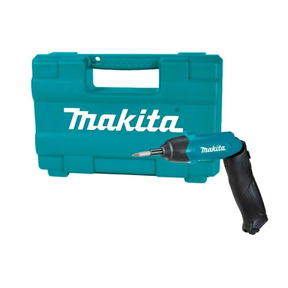 Valigetta Makita turchese con cacciavite elettrico blu petrolio e nero su sfondo bianco.