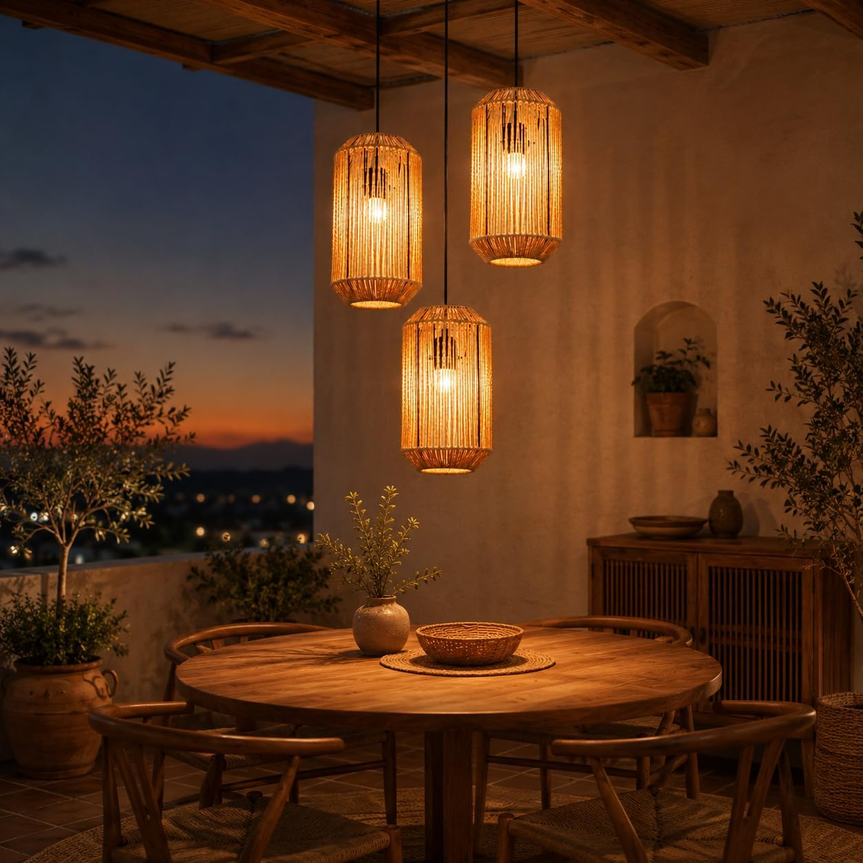 Zona pranzo esterna con lampade in vimini appese, tavolo in legno, sedie e piante al crepuscolo.