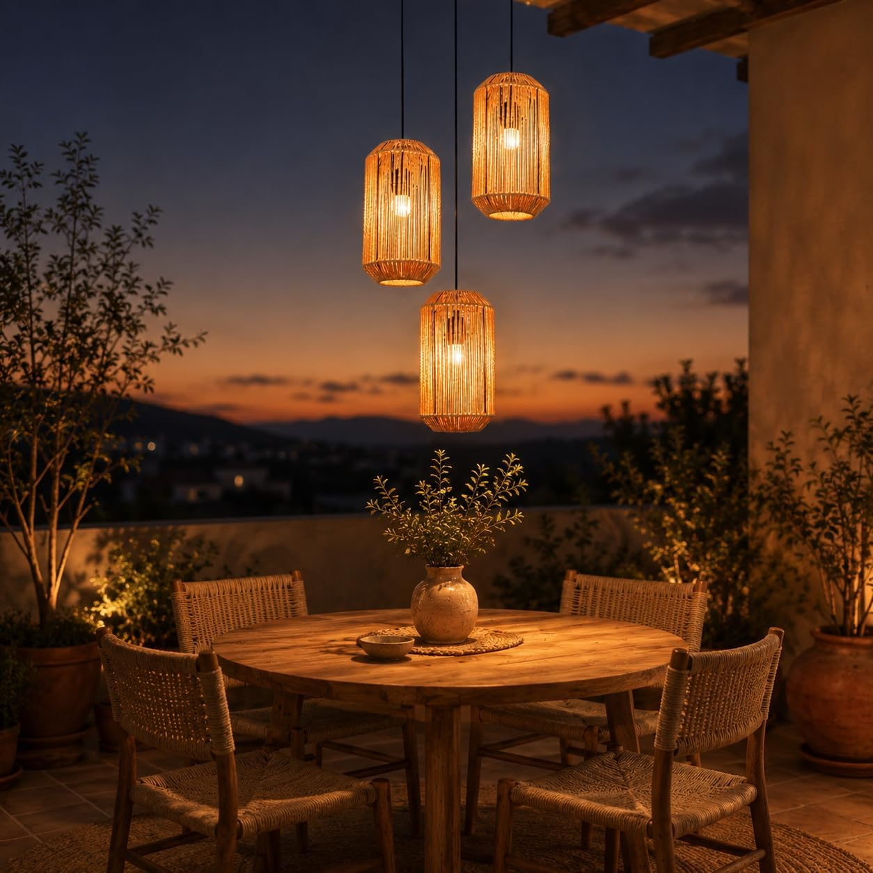 Un patio in legno con tavolo rotondo, sedie e lanterne sospese al tramonto.