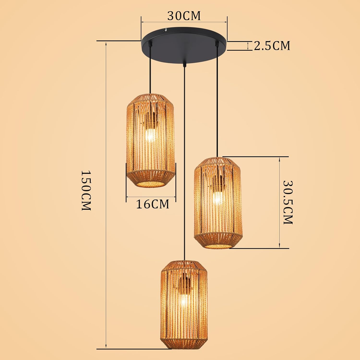 Lampadario con tre paralumi intrecciati, dimensioni indicate.