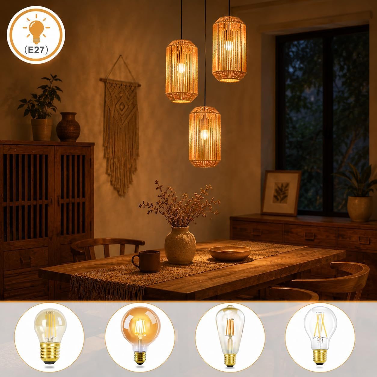 Tavolo da pranzo con lampade a sospensione, quattro lampadine sotto, luce calda.