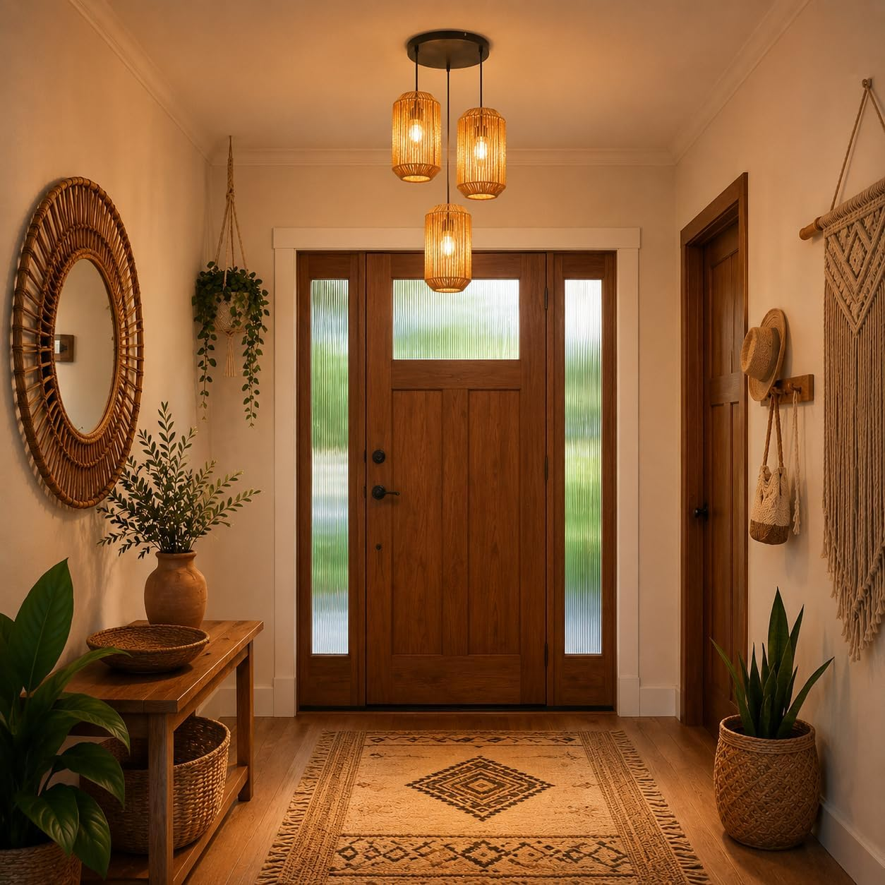 Un corridoio con porta in legno, specchio, piante e tappeto.
