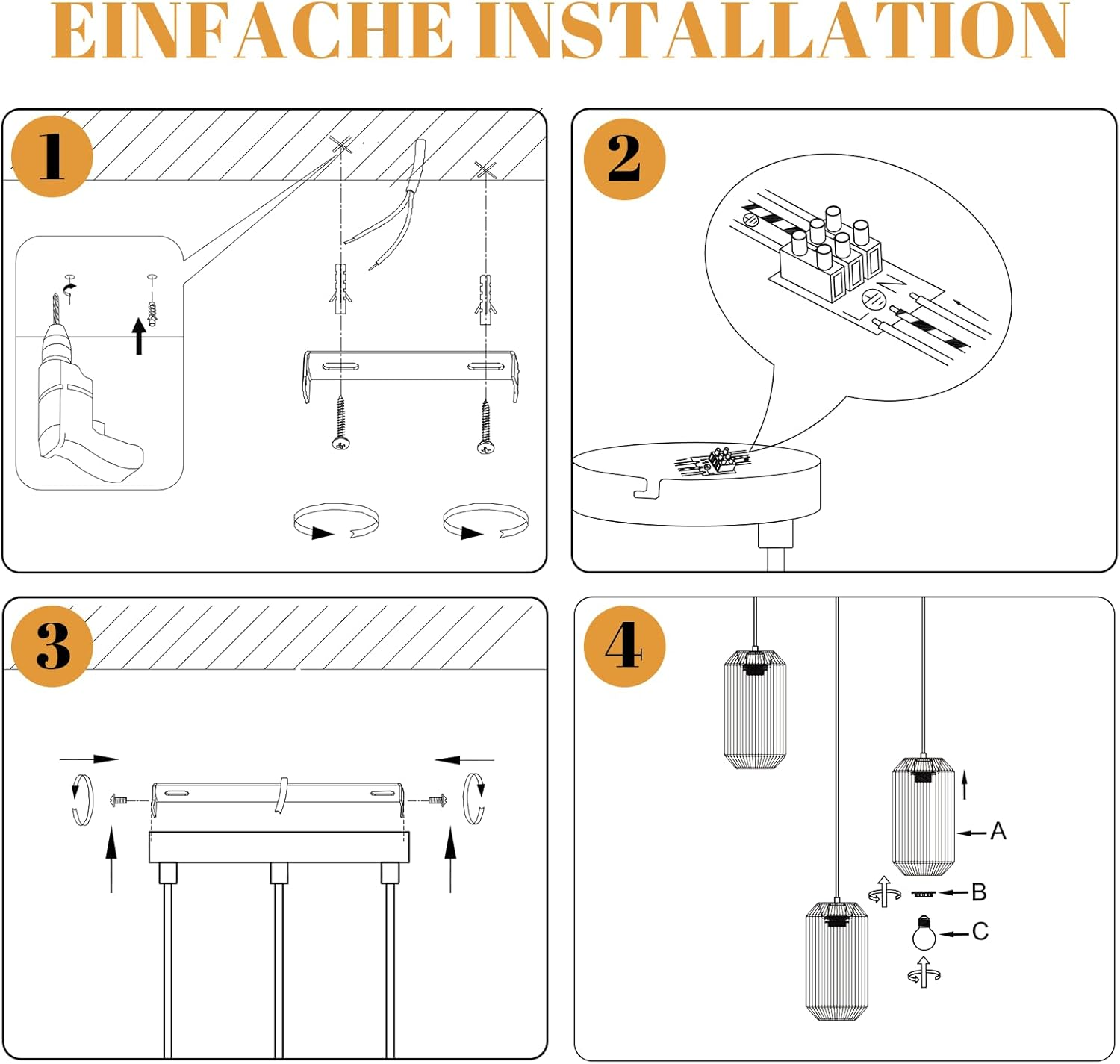 Diagramma mostra 4 passaggi per installare lampada. Passaggio 1: forare, inserire tasselli e viti. Passaggio 2: collegare fili con morsetto. Passaggio 3: fissare lampada a staffa soffitto. Passaggio 4: installare lampadine.