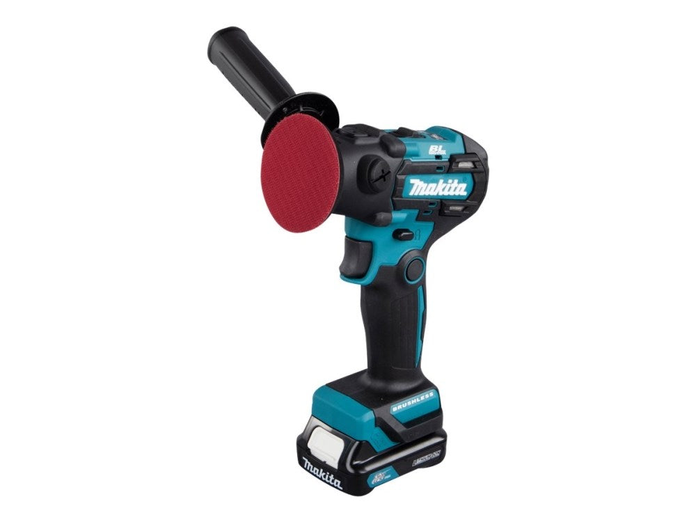 Smerigliatrice angolare Makita blu e nera con tampone abrasivo rosso.