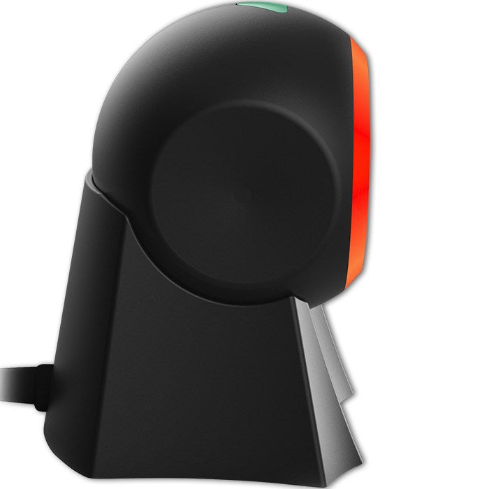 Schwarzer Barcode-Scanner mit rotem Lichtstreifen und grünem Knopf auf einem Ständer.