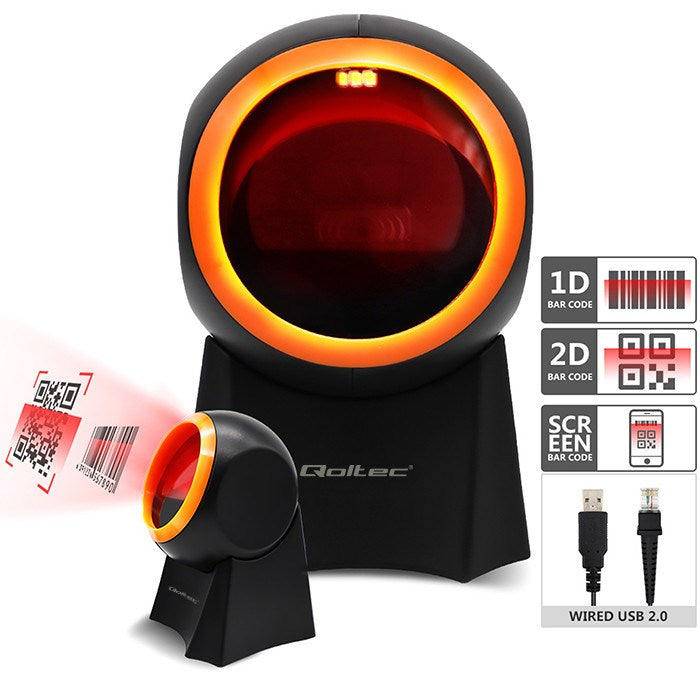 Zwei Barcode-Scanner, einer größer mit orangenem Ring, einer kleiner auf Sockel.
