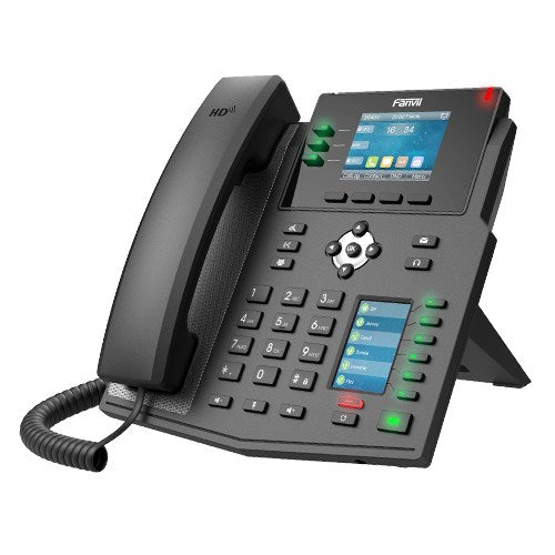 Ein schwarzes Tischtelefon mit einem großen Bildschirm und einer Tastatur.