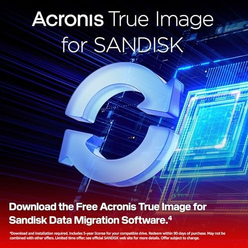 Acronis True Image per Sandisk con icona freccia blu e circuiti.