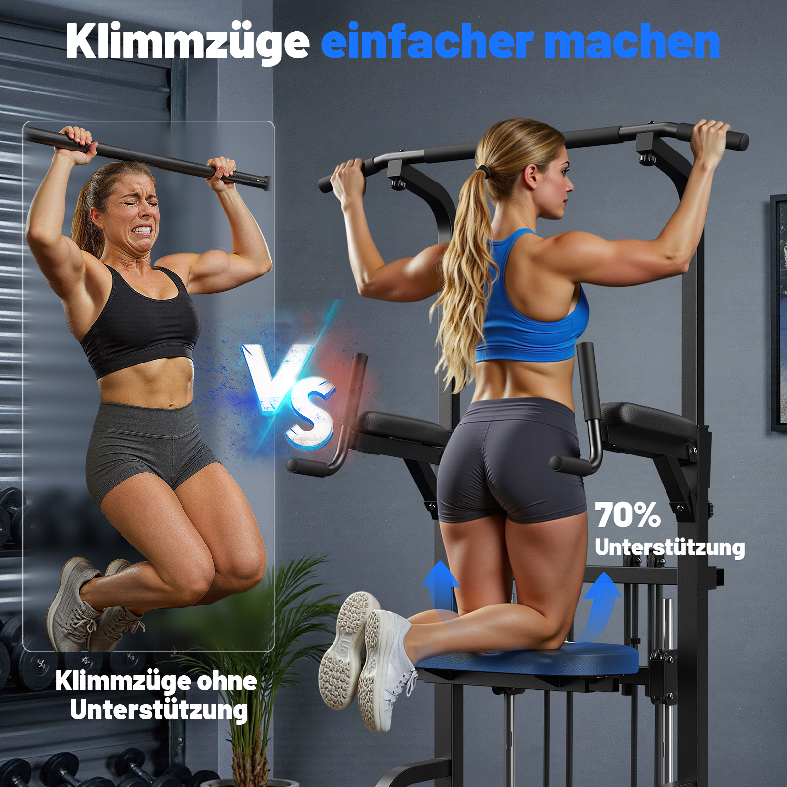 Frau macht Klimmzüge ohne Unterstützung vs. mit 70% Unterstützung.