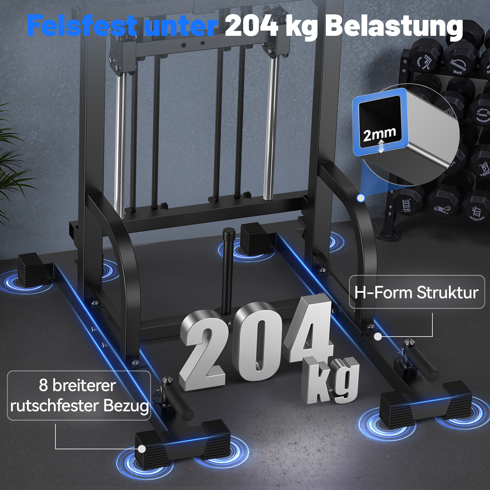 Ein stabiles Trainingsgerät mit 204 kg Belastung und H-Form Struktur.