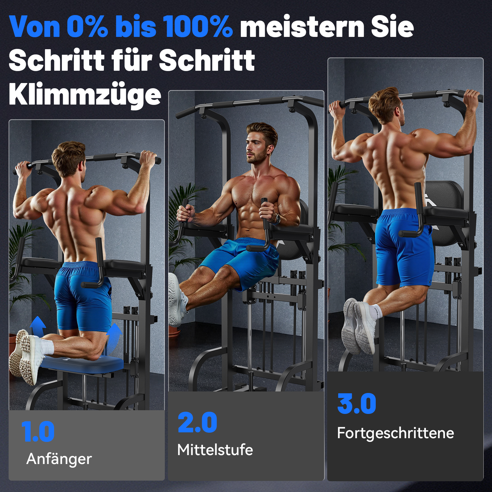 Mann trainiert Klimmzüge auf einem Fitnessgerät, 3 Schwierigkeitsstufen.