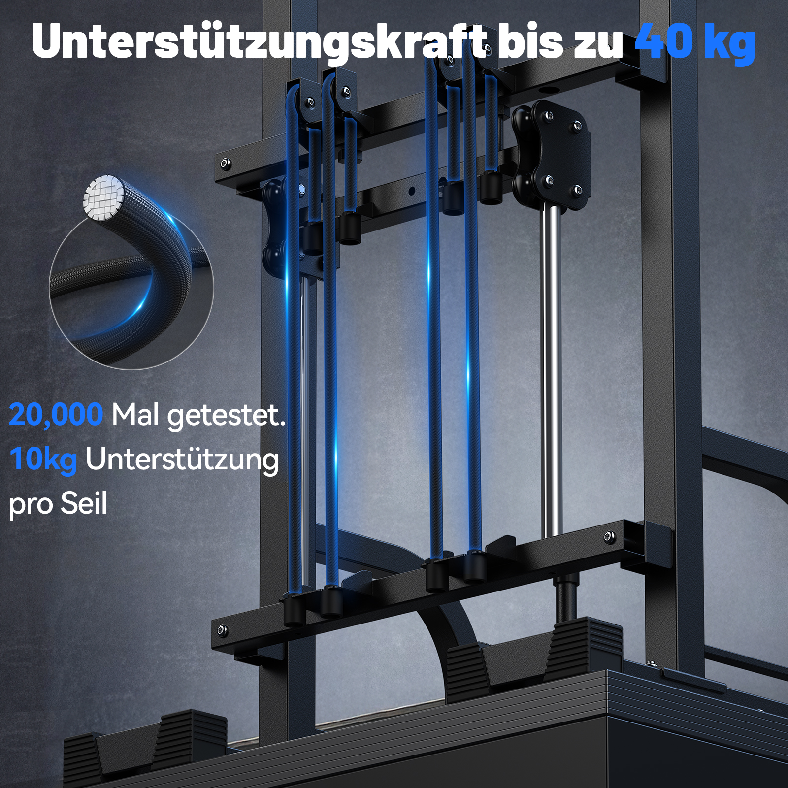 Gerät mit blau beleuchteten Seilen, unterstützt bis zu 40 kg.