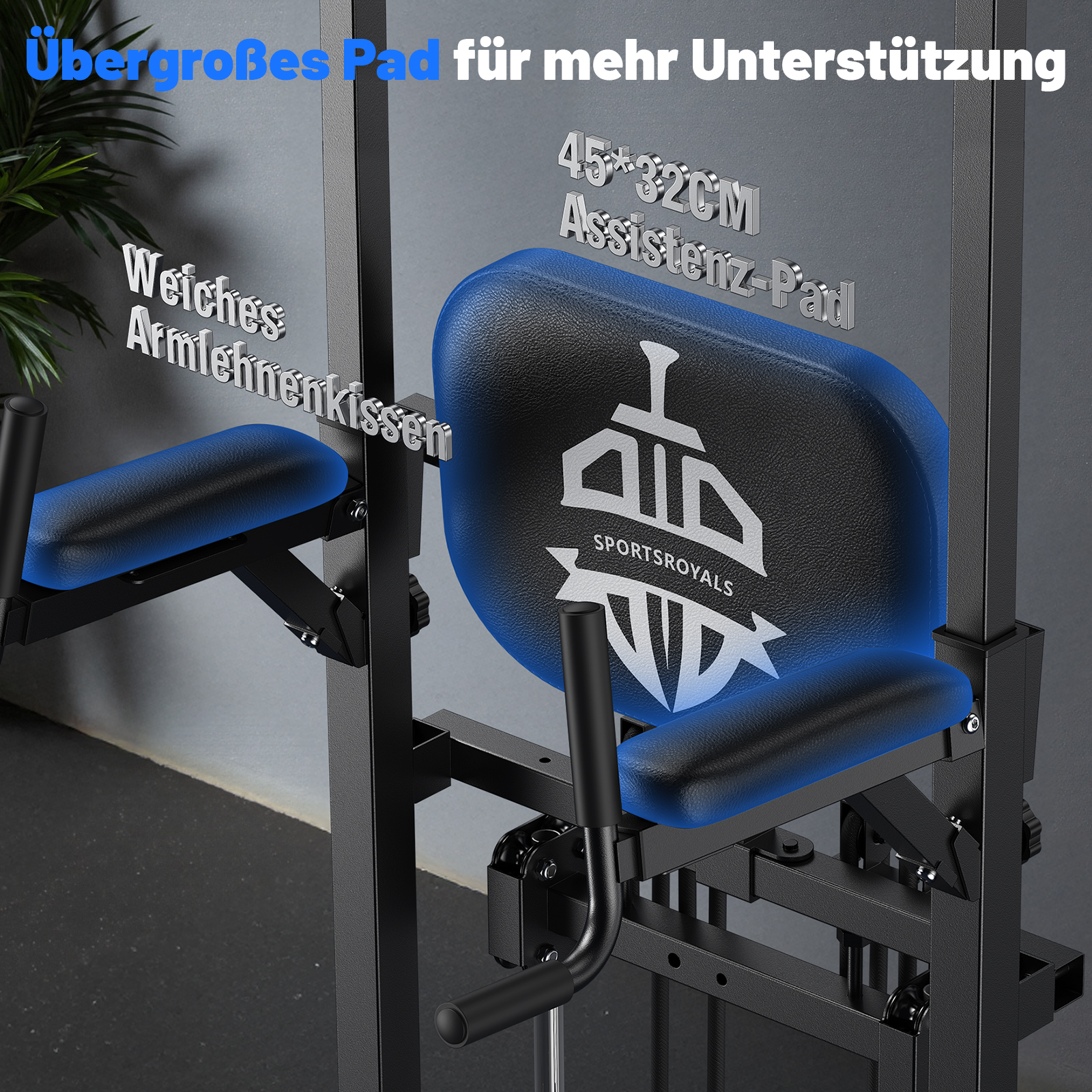 Ein großes blaues und schwarzes Trainingsgerät mit Armlehnen und Rückenpolster.