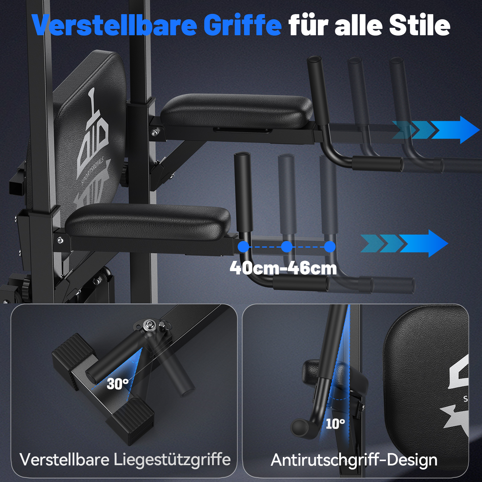 Verstellbare Griffe, 30° und 10° Winkel, Maße 40-46cm.
