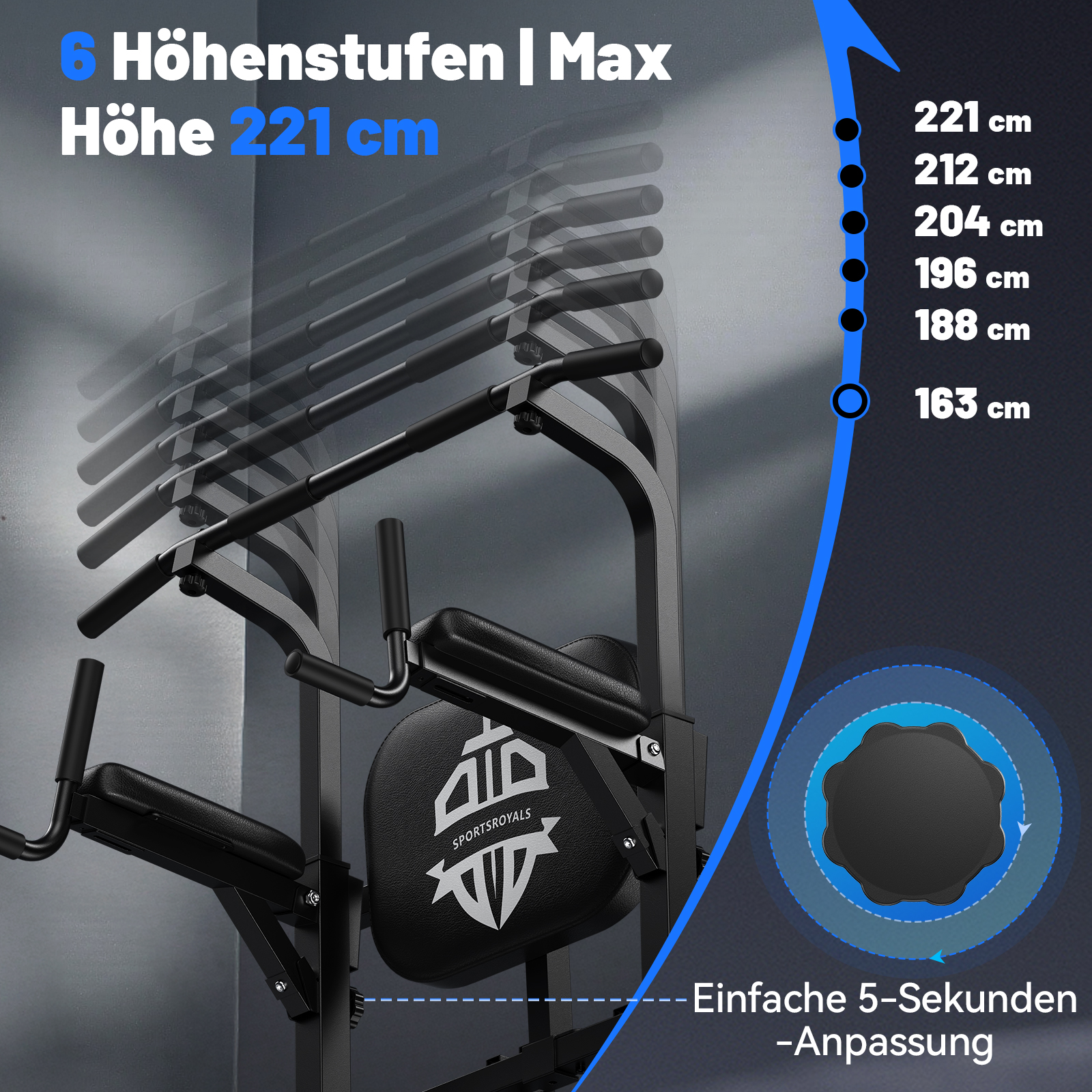 Fitnessgerät mit 6 Höhenstufen, max. 221 cm. Einfache 5-Sekunden-Anpassung.