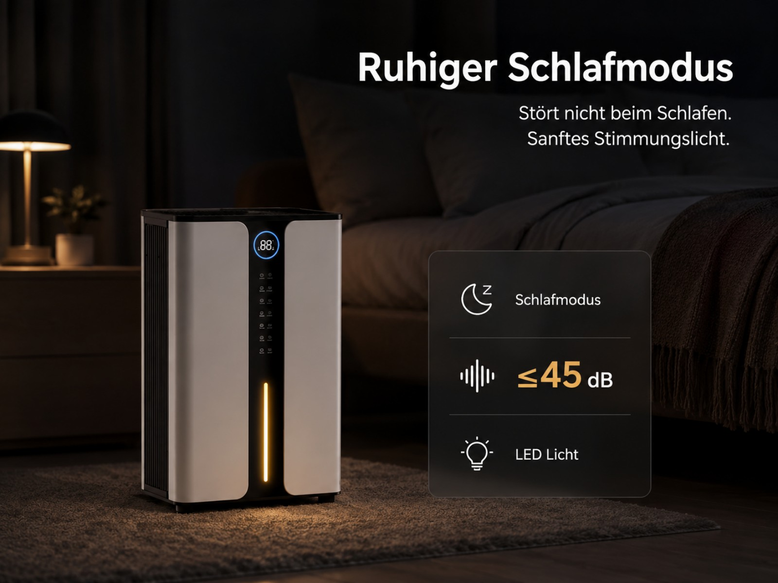 Ein Luftreiniger mit Display in einem dunklen Schlafzimmer.