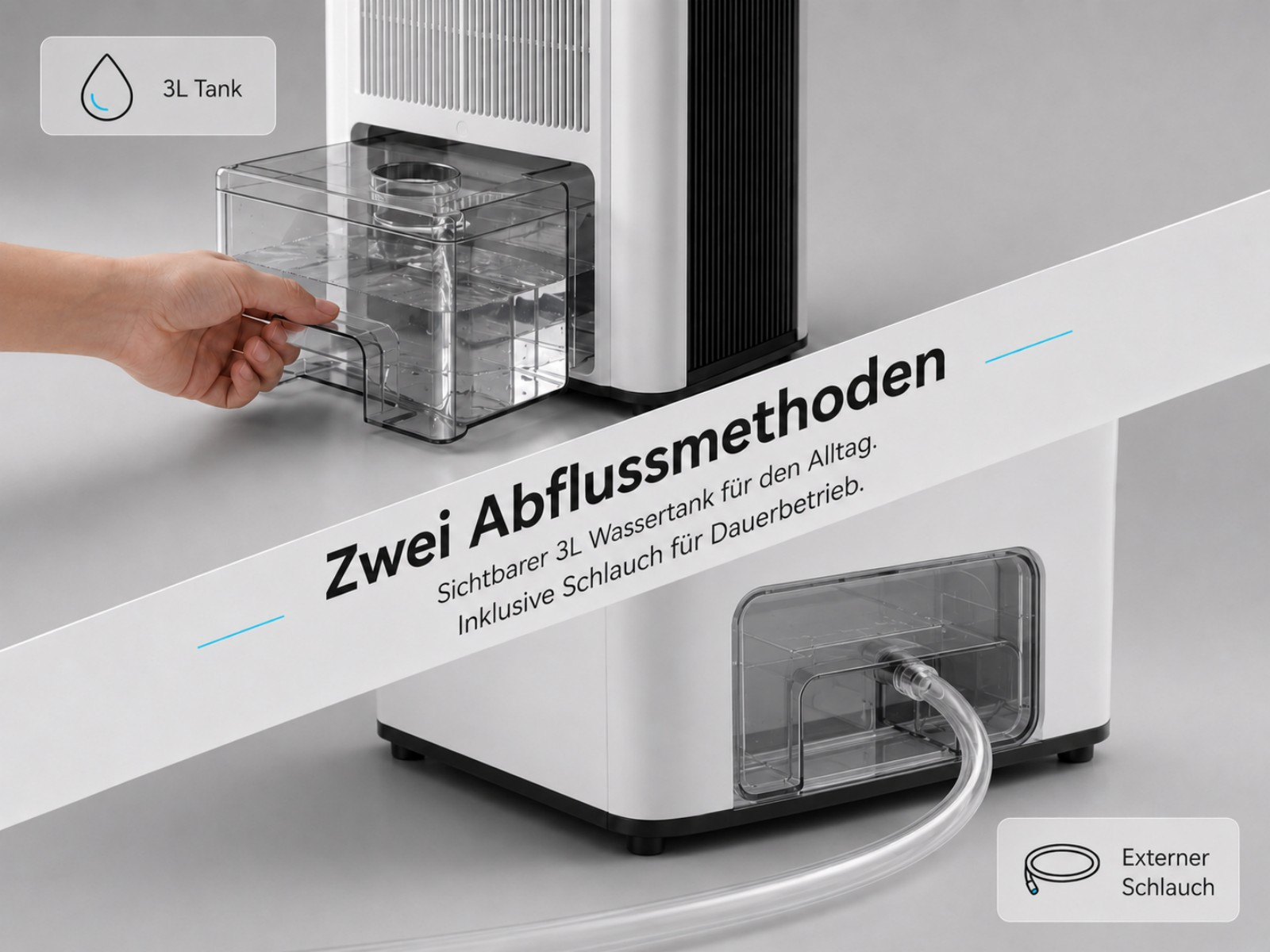 Ein Entfeuchter mit 3L Wassertank und Schlauchanschluss. Hand entnimmt Tank.