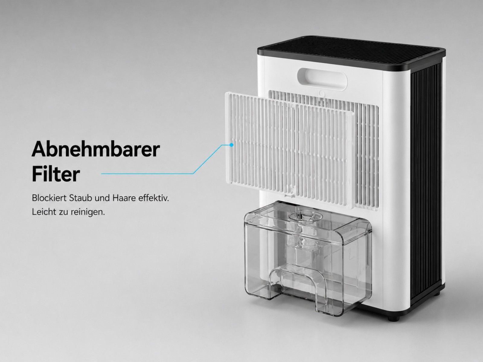 Ein weißer Luftentfeuchter mit herausnehmbarem Filter und Wassertank.