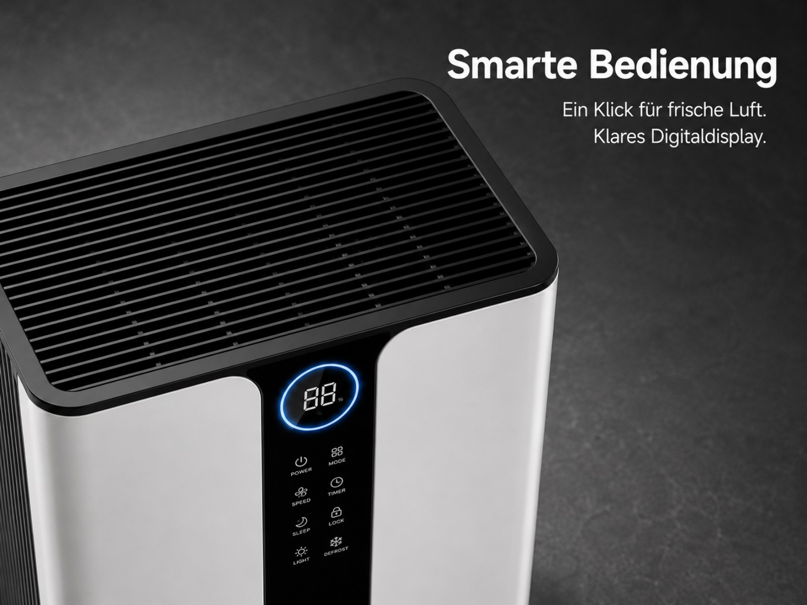 Ein Luftreiniger mit Digitalanzeige und Bedienelementen