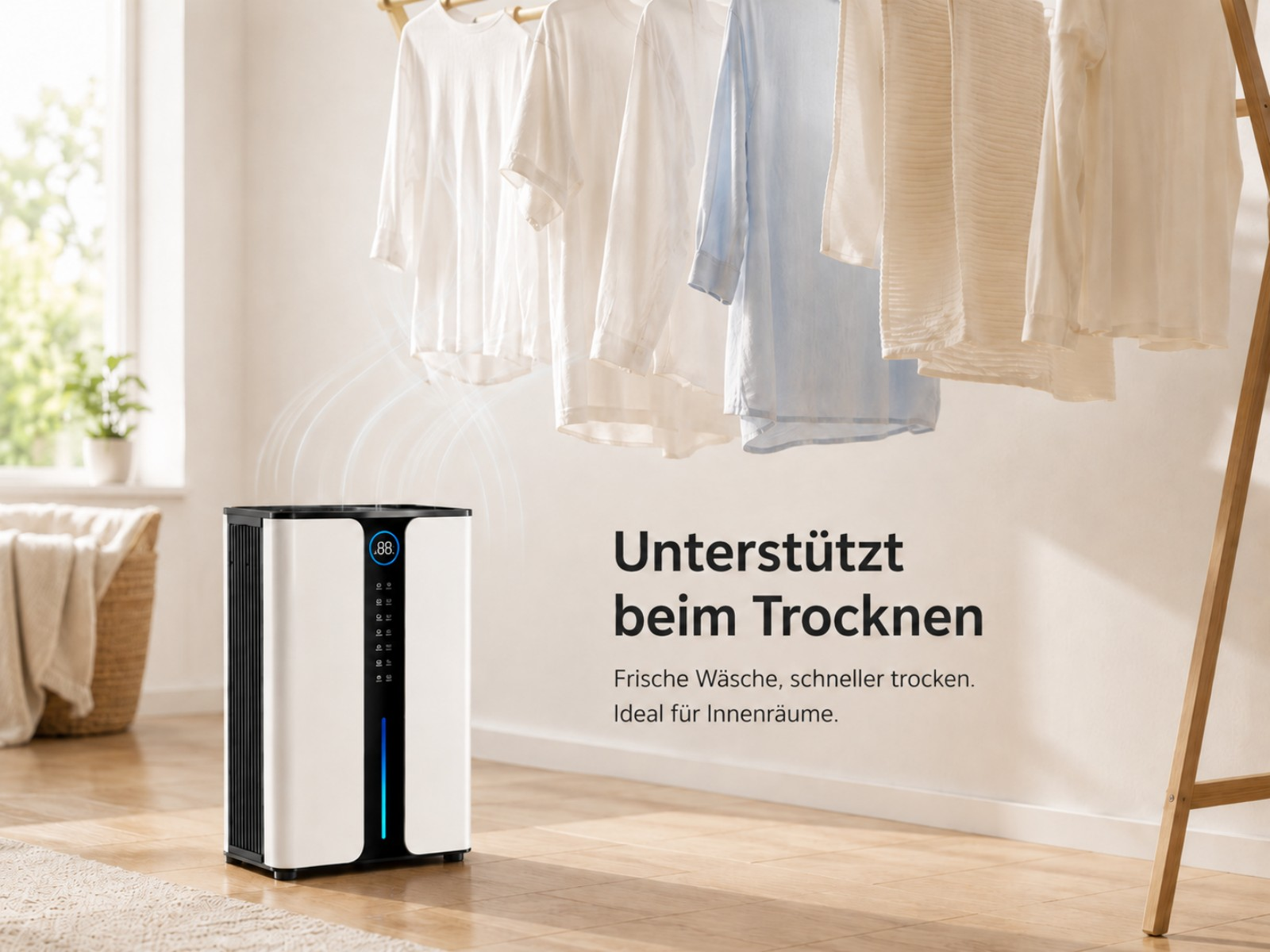 Ein weißer Luftentfeuchter trocknet Wäsche unter einem Kleiderständer.