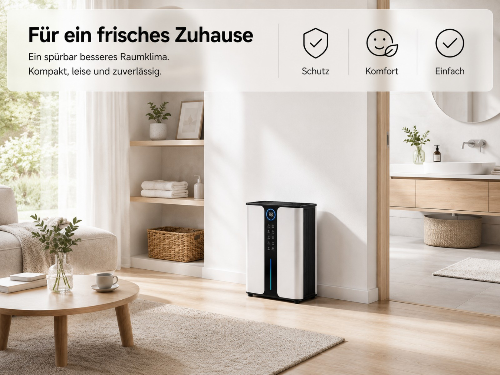 Luftreiniger in einem modernen Wohnzimmer mit Sofa, Couchtisch und Regal.