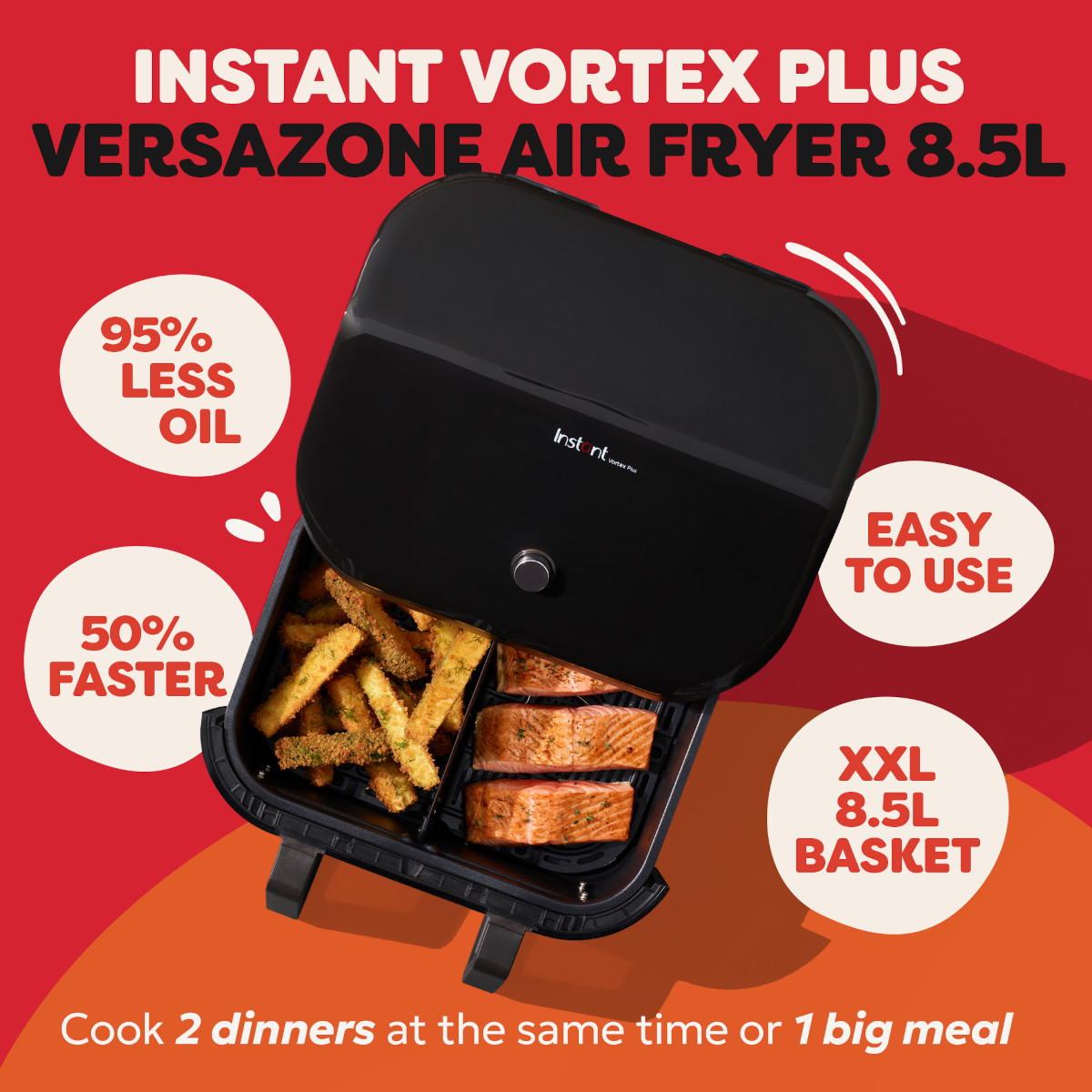 Friteuse à air noire Instant Vortex Plus avec saumon et frites. 95% moins d'huile.