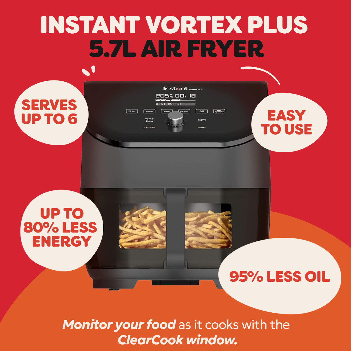 Instant Vortex Plus 5.7L Air Fryer with two baskets, filled with fries. Serves up to 6.