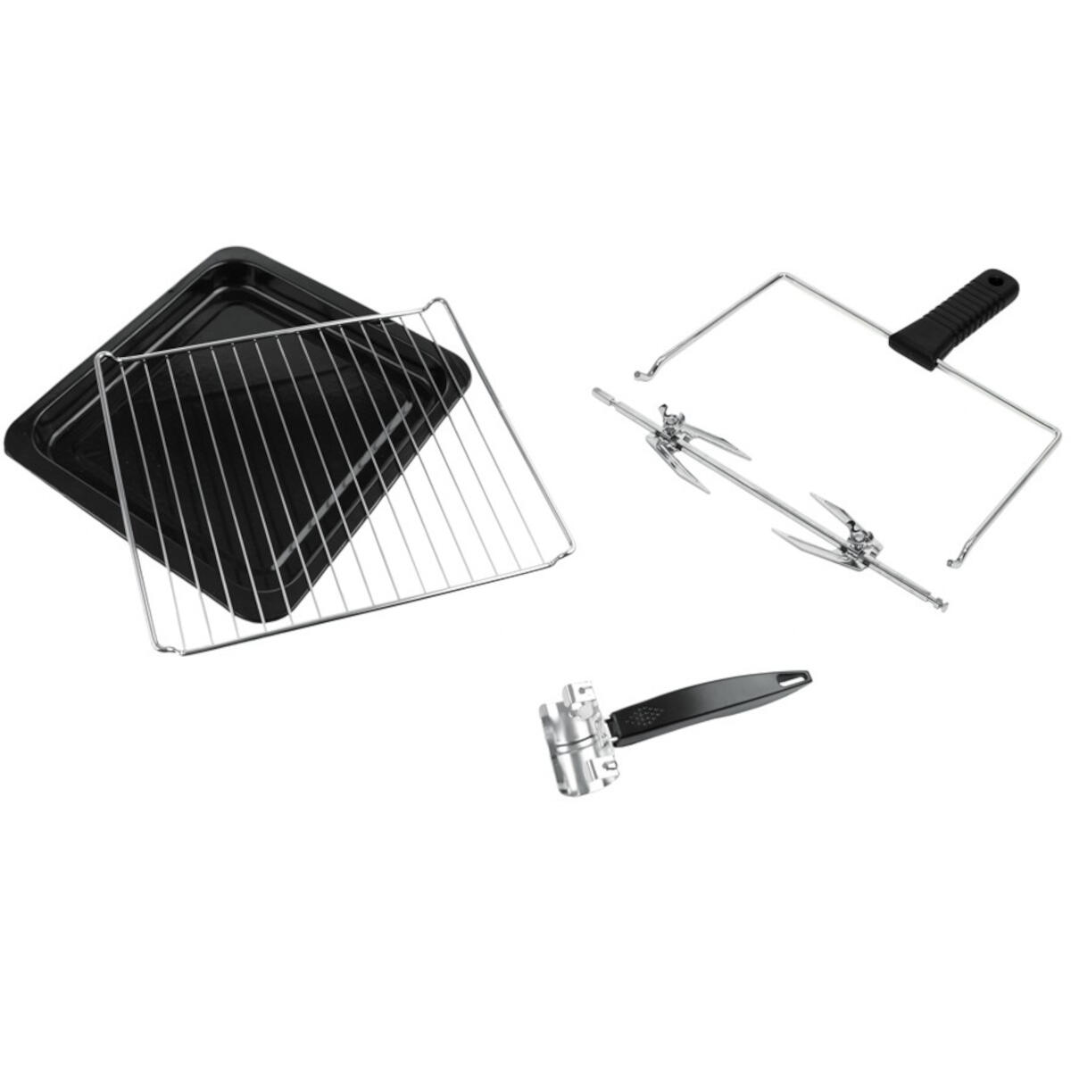 Accessoires de four : grille, lèchefrite, tournebroche et poignée.