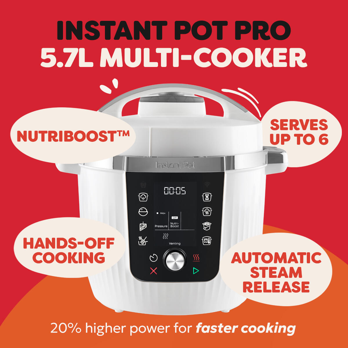 Ein weißer Instant Pot Pro Multi-Kocher mit digitalem Display und roten Textfeldern.