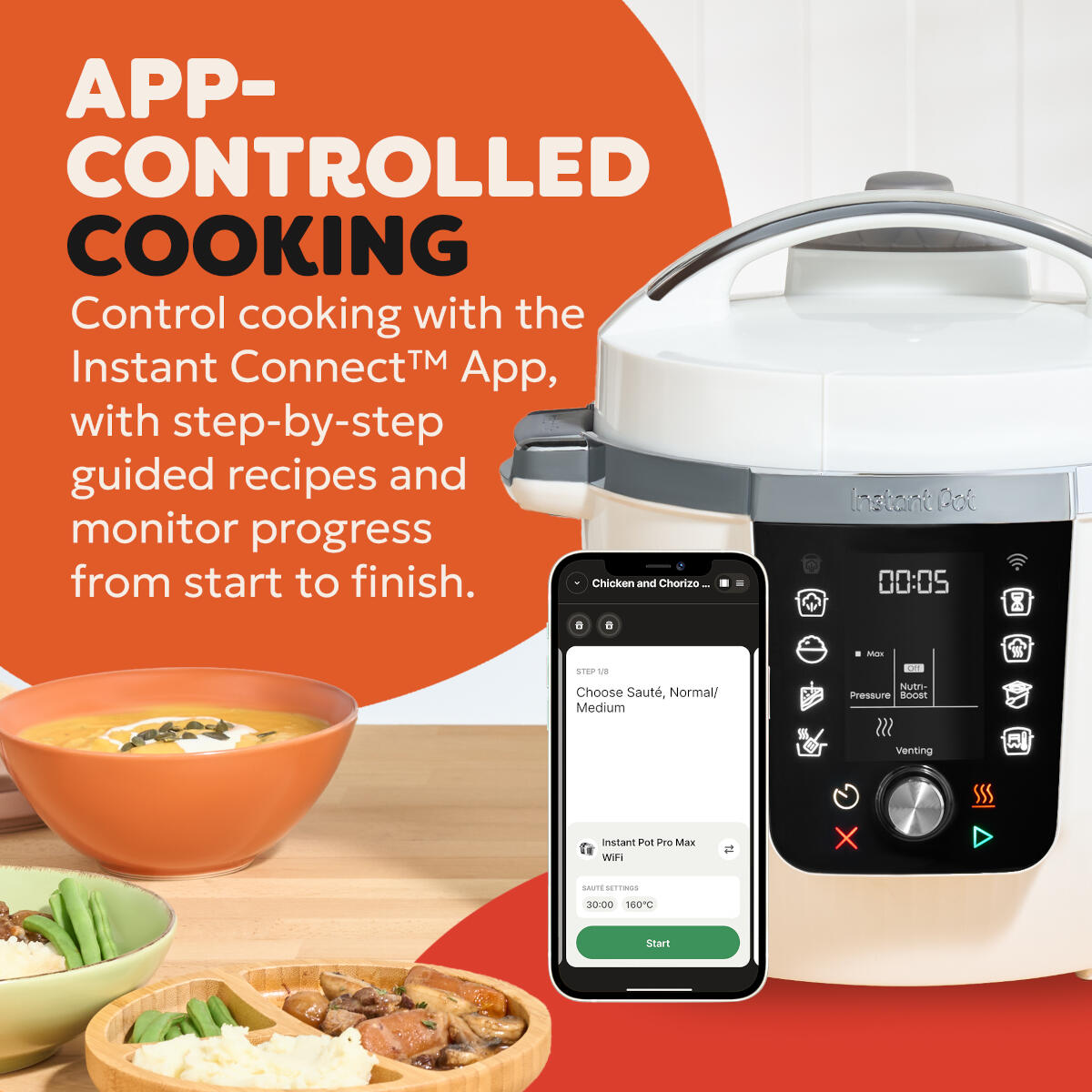 Instant Pot mit App-Steuerung. Essen in Schüsseln. Text: APP-CONTROLLED COOKING.