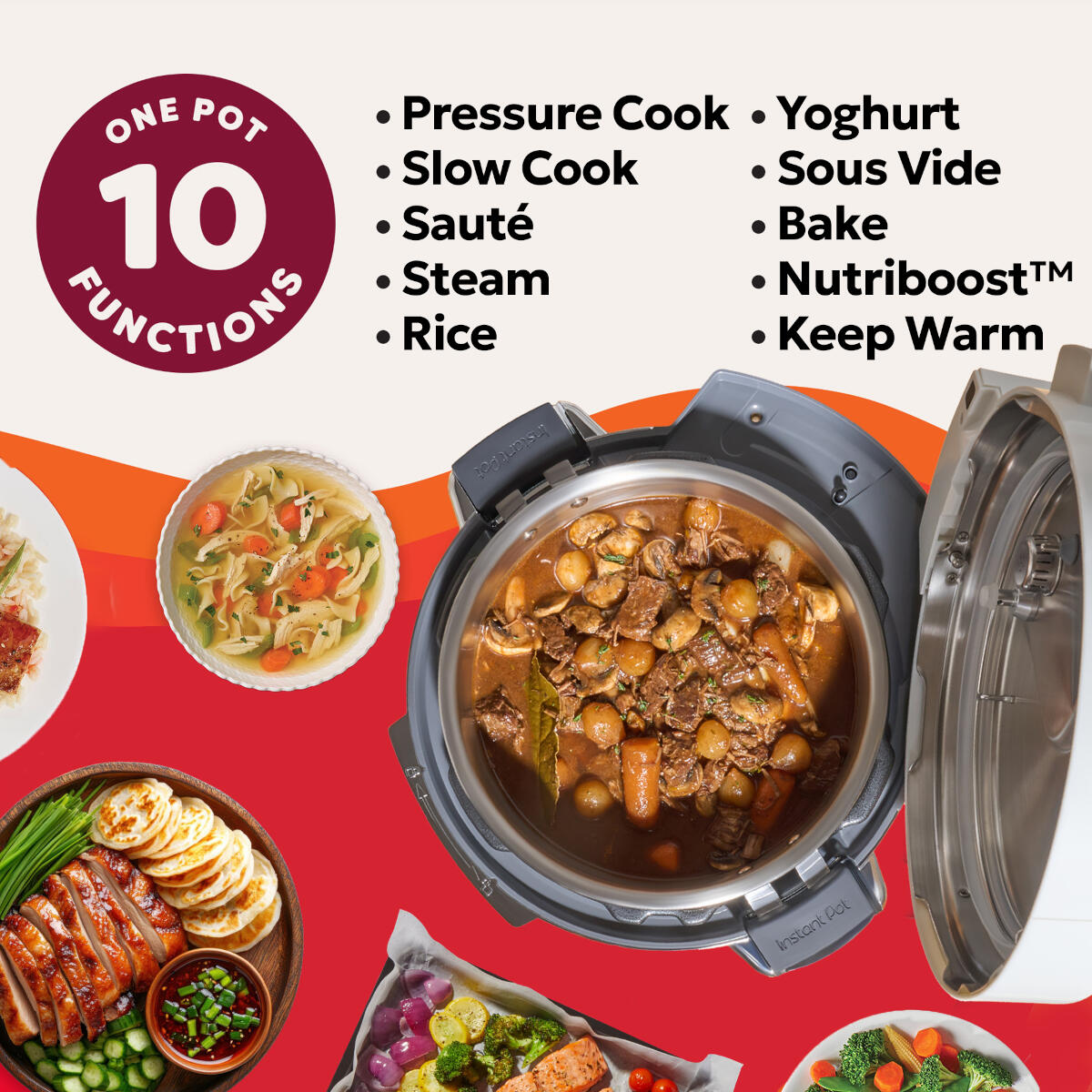 Ein Topf mit 10 Funktionen, zeigt verschiedene Gerichte und ein Instant Pot.