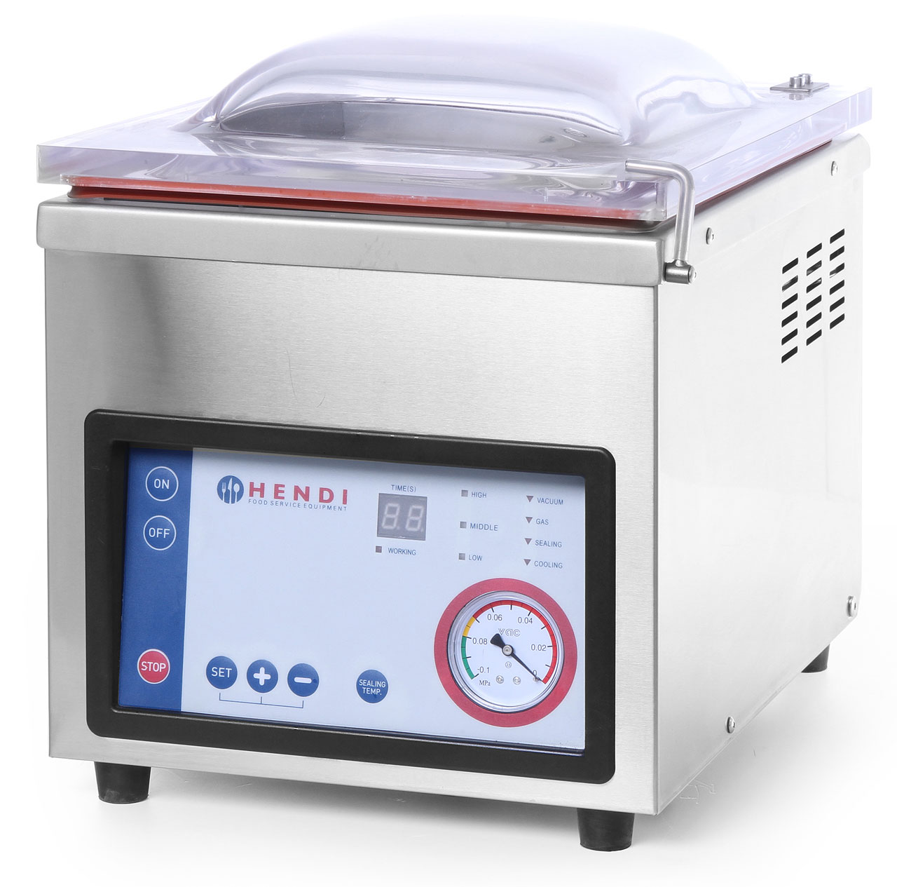 Macchina sottovuoto in acciaio inox con display digitale e manometro.