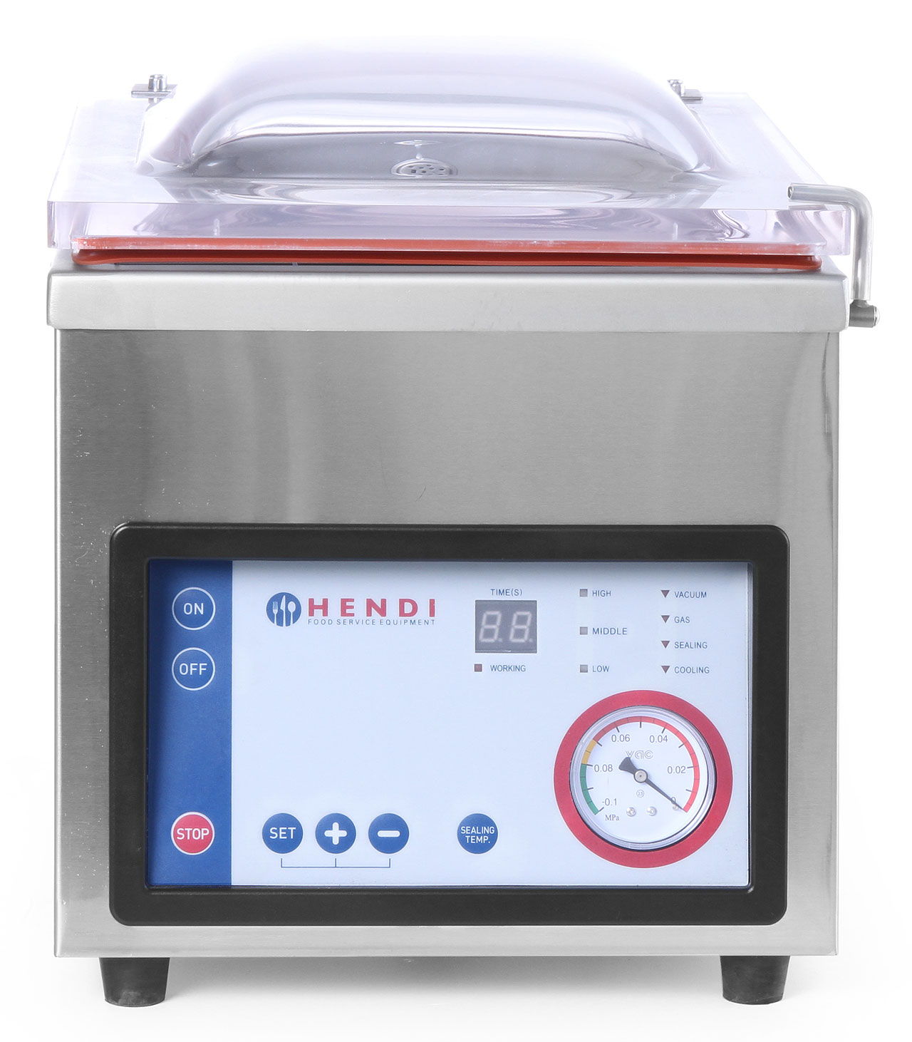 Sottovuoto in acciaio inox con display digitale, manometro e pulsanti.