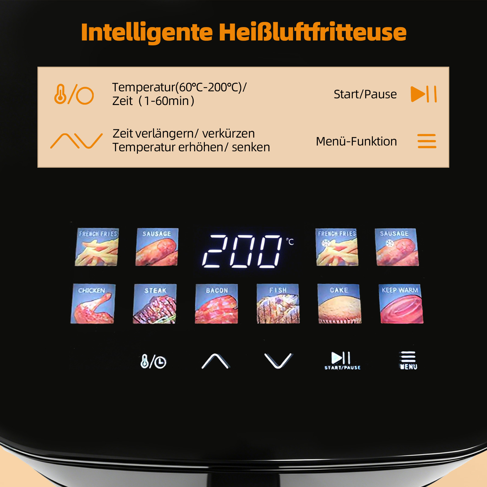 Intelligente Heißluftfritteuse mit Menüauswahl: Pommes, Wurst, Huhn, Steak, Fisch, Kuchen.