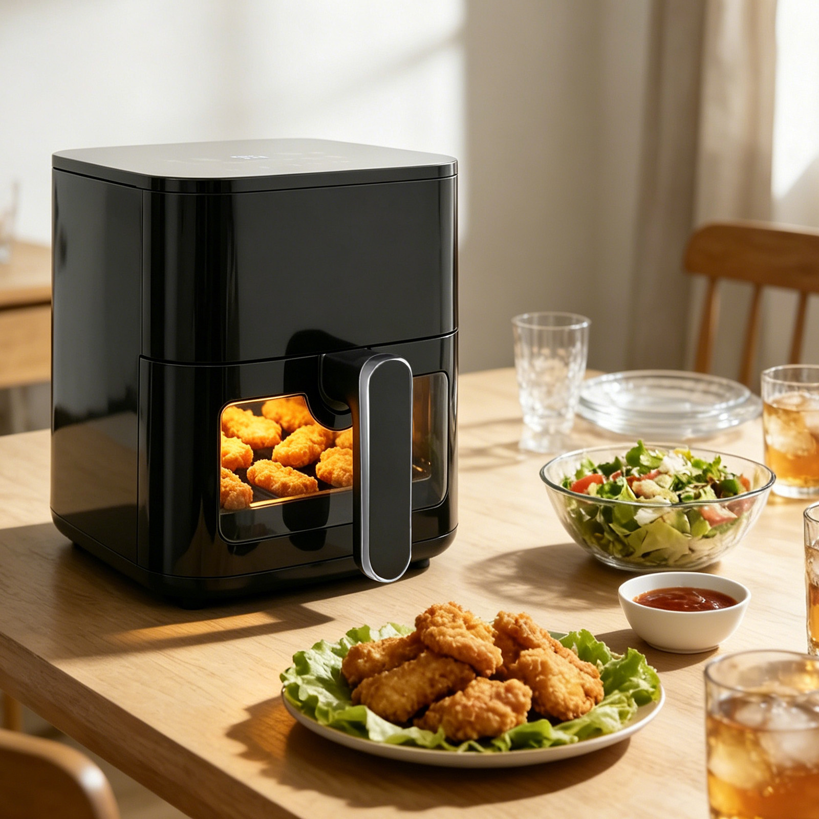 Ein schwarzer Heißluftfritteuse mit Hähnchen-Nuggets, daneben Salat und Dip.