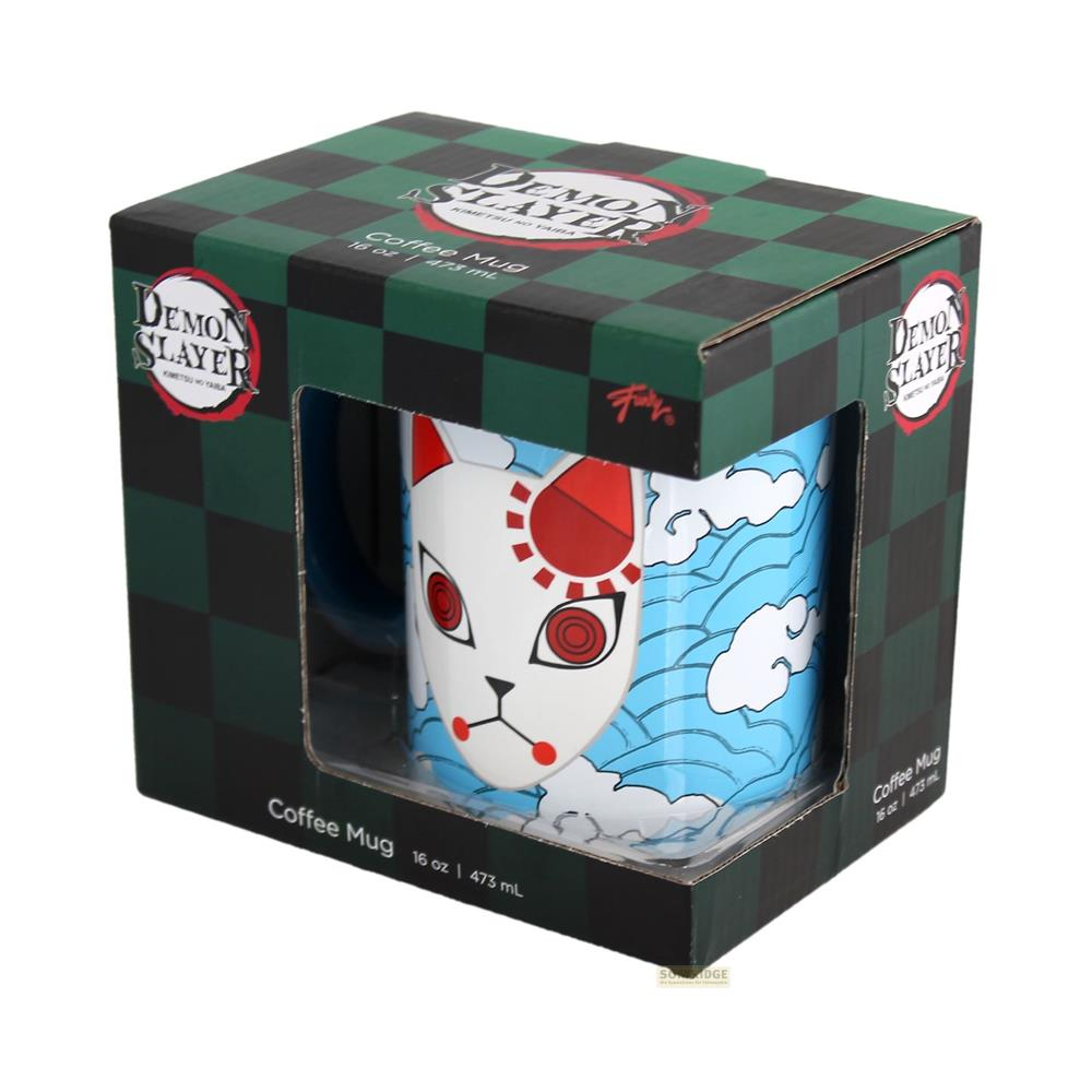 Taza de café Demon Slayer en caja con máscara blanca y patrón ondulado azul.