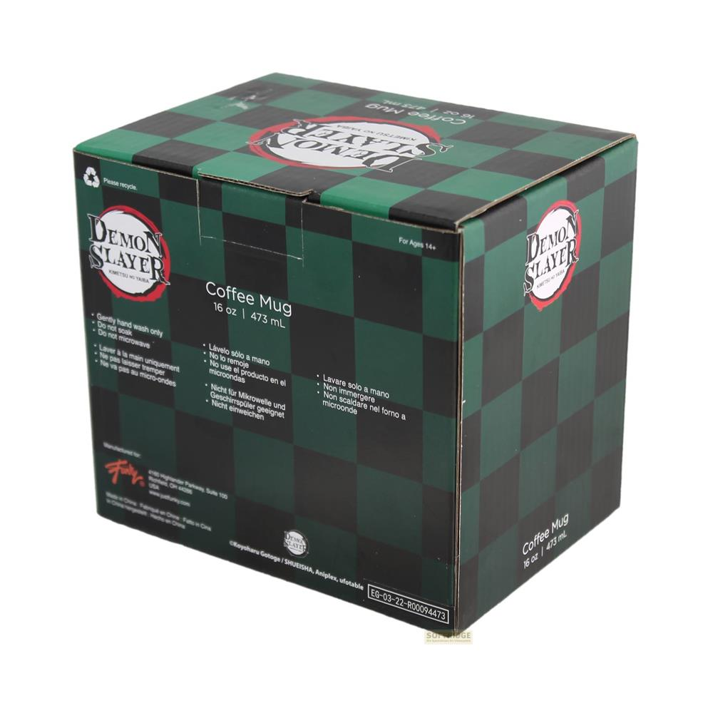 Caja de taza de café Demon Slayer, a cuadros negros y verdes con logo.