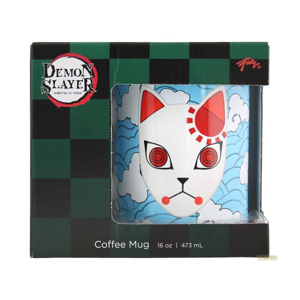 Taza de café Demon Slayer con la máscara de Inosuke y patrón de olas.