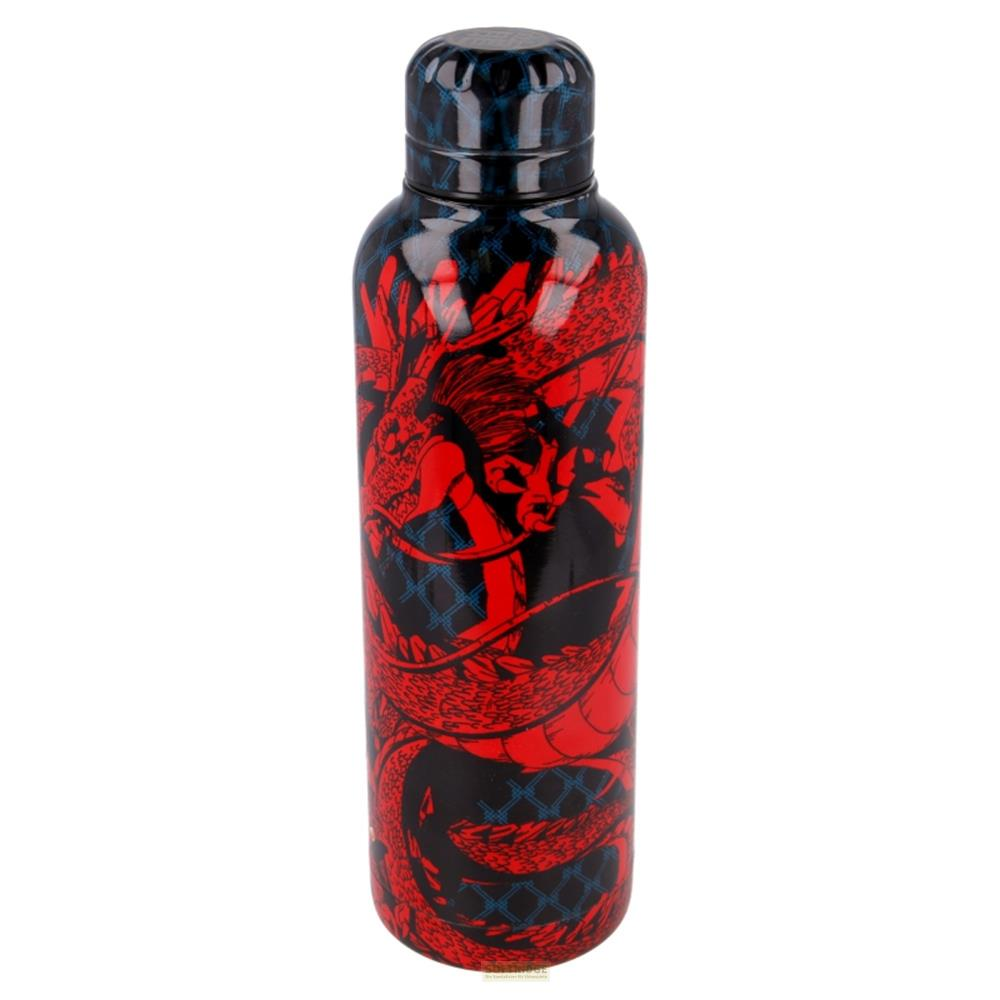 Una botella de agua negra con un patrón de dragón rojo y diseño de rejilla azul.