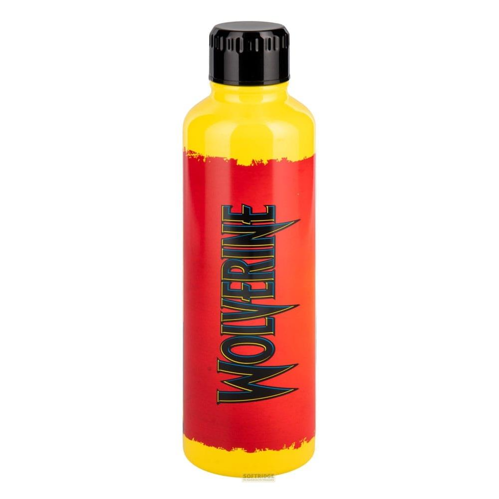 Eine gelbe Trinkflasche mit rotem Streifen und dem Schriftzug WOLVERINE.