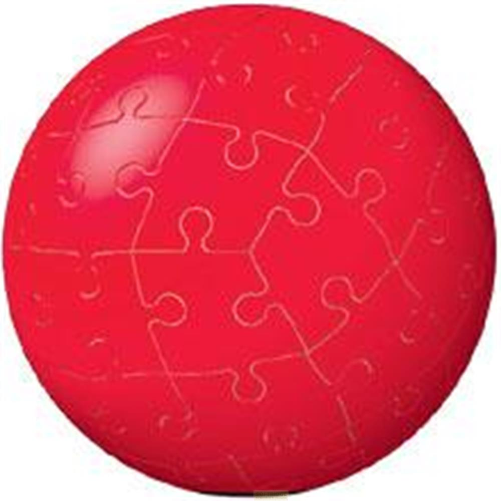 Ein rotes kugelförmiges Puzzle mit sichtbaren ineinandergreifenden Teilen.