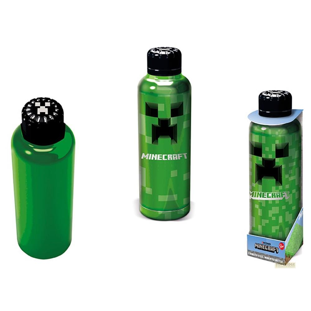 Tres botellas verdes de Minecraft con cara de Creeper y tapa negra.