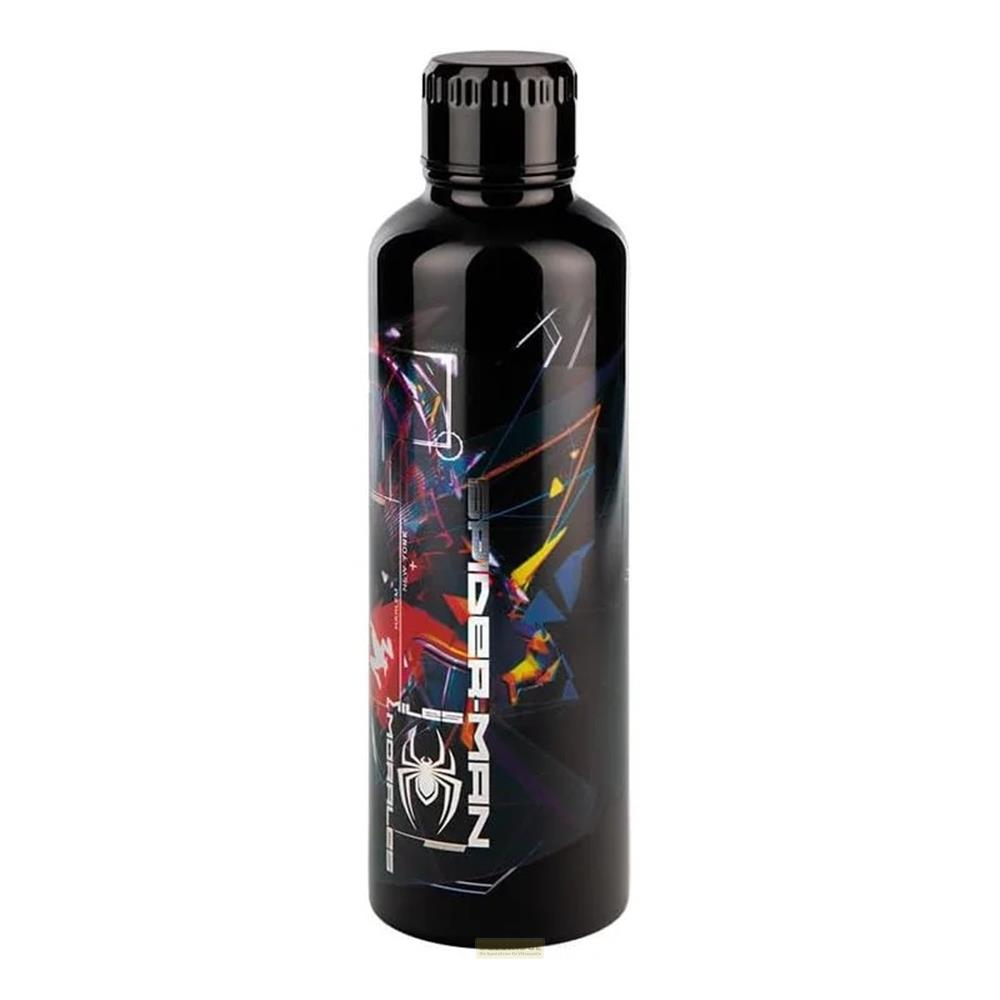 Schwarze Trinkflasche mit Spiderman-Design und geometrischen Formen.