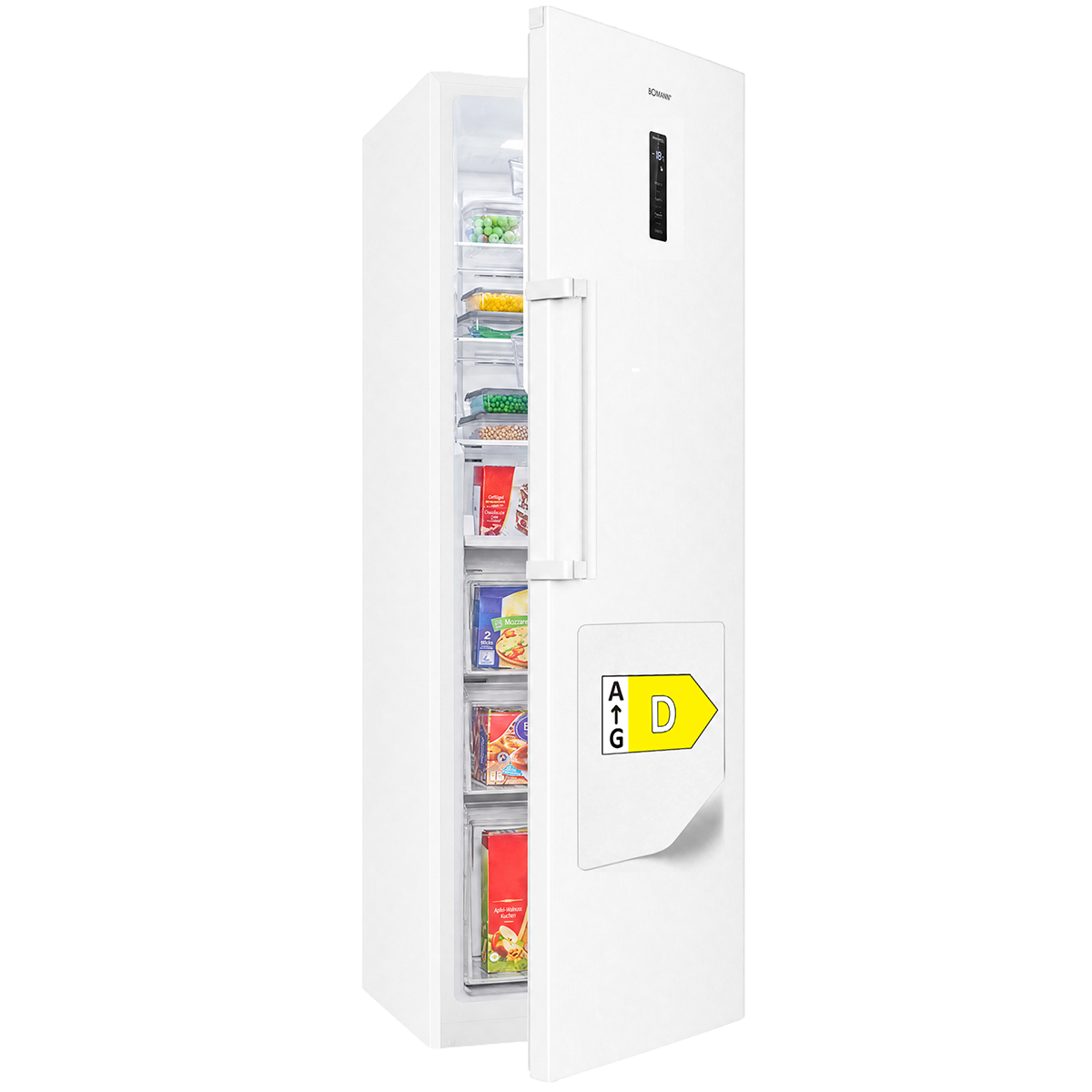 Ein weißer Kühlschrank mit offener Tür, gefüllt mit Lebensmitteln. Energieeffizienzlabel.