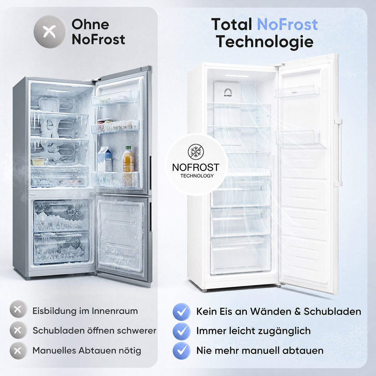Vergleich von zwei Kühlschränken: links ein vereister Kühlschrank, rechts ein NoFrost-Kühlschrank.