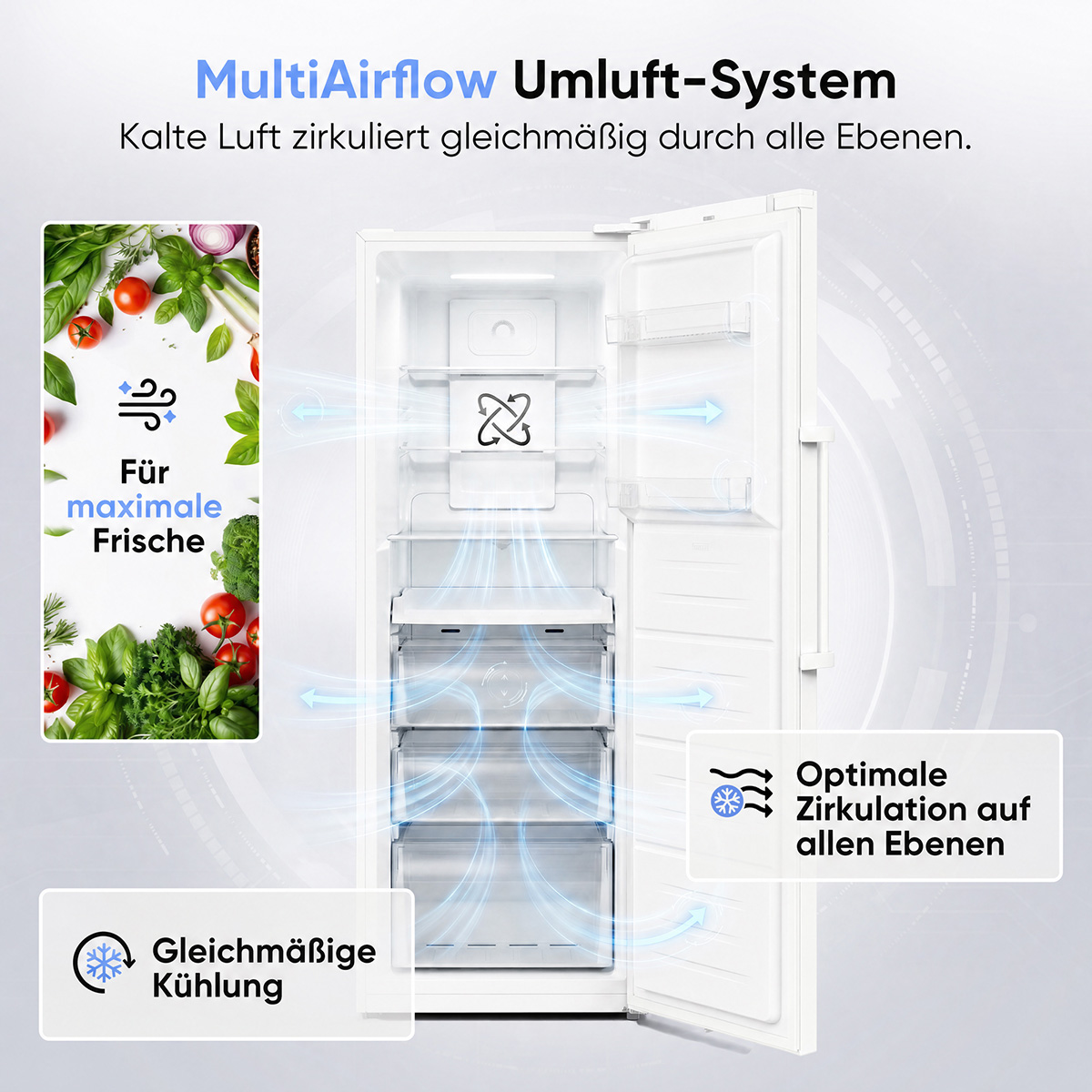 Ein offener Kühlschrank mit Fokus auf das MultiAirflow-System für gleichmäßige Kühlung.