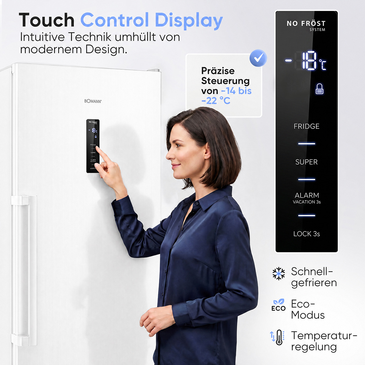 Frau bedient Touchscreen-Display eines weißen Kühlschranks mit Temperaturanzeige.